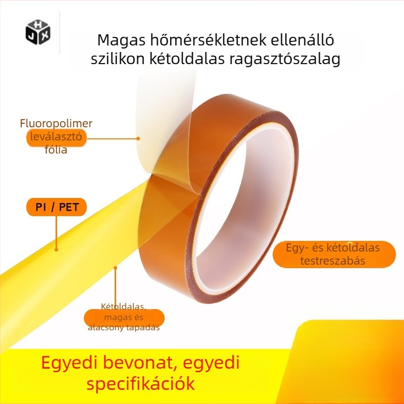 Szilikon duplaoldalas ragasztószalag poliamid bevonattal, magas hőmérséklet-állóság, barna ragasztó oldal, szélesség 3–500 mm, hossz 33 m, vastagság 0,1 mm, nyom nélkül.