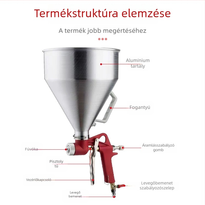Pneumatikus festékszóró műanyag tölcsérrel külső falak felület-relief bevonatához