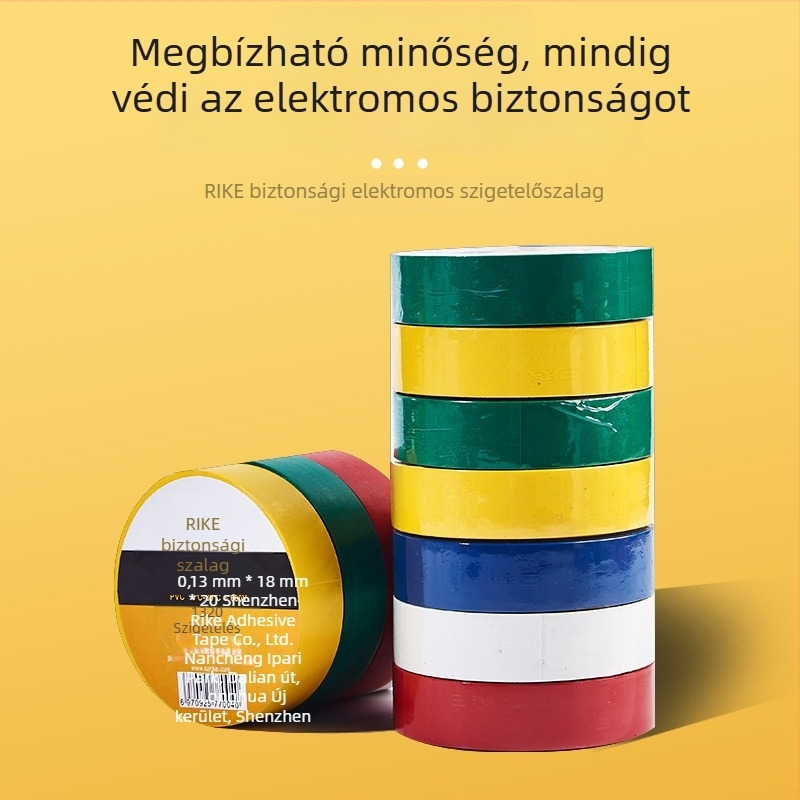 Rike elektromos szigetelő szalag PVC, vízálló, egyoldalas, 18 m hosszú, 18 mm széles, 0–80°C, 600V alatti feszültség, színes és vastagított, kaucsuk-alapú ragasztó