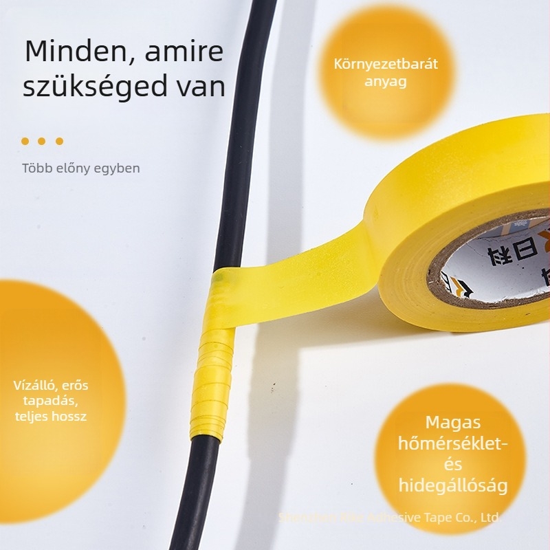 Rike elektromos szigetelő szalag PVC, vízálló, egyoldalas, 18 m hosszú, 18 mm széles, 0–80°C, 600V alatti feszültség, színes és vastagított, kaucsuk-alapú ragasztó