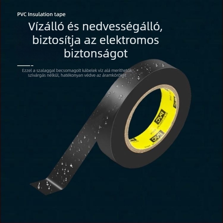 PVC elektromos szigetelő szalag, fekete, széles tekercs, erős tapadású, vízálló és korrózióálló, elektromos vezetékekhez és csövekhez