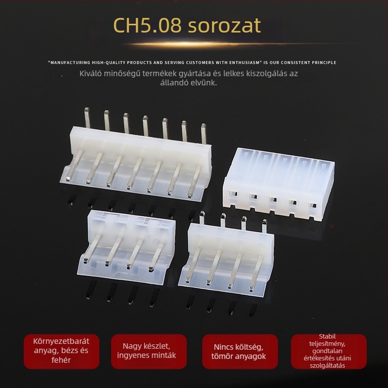 5,08 mm-es távolságú elektronikus csatlakozó gumírozott házzal – egyenes tűs dugasz, lyuktartó, szalagcsatlakozó (CH5.08)