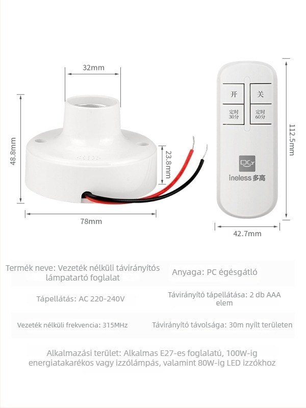 Távirányítható lámpatartó vezeték nélküli fényvezérléssel, E27 foglalat, hálószobai világítás