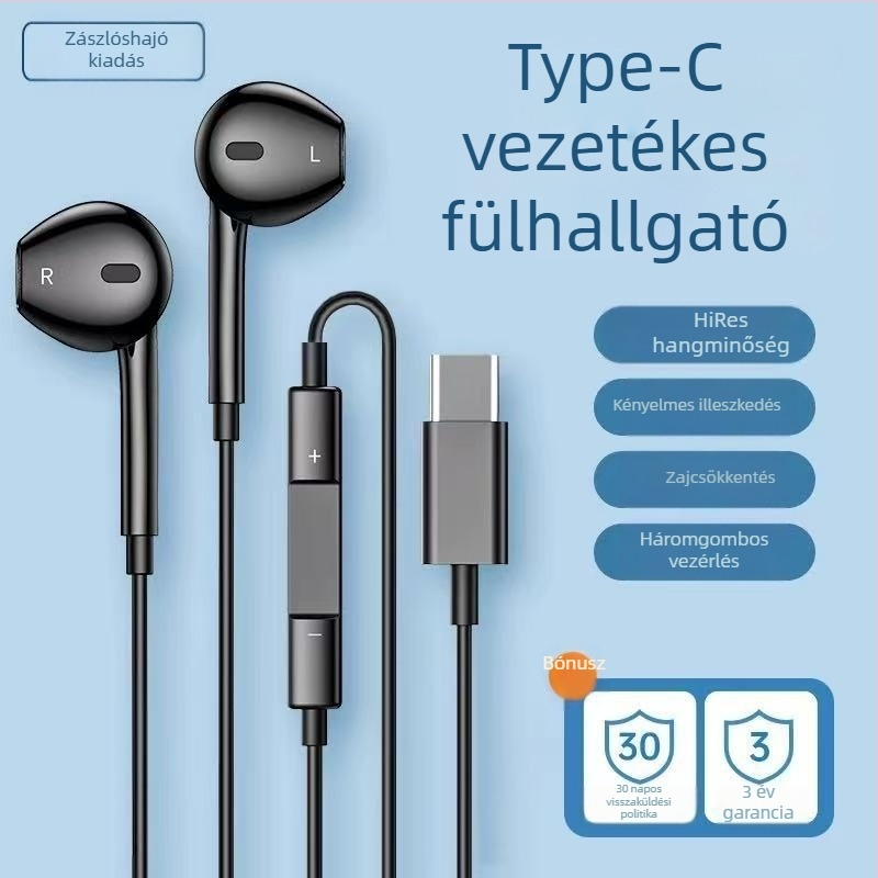 Vezetékes Type-C fülhallgató lapos csatlakozóval és logóval, kompatibilis Xiaomi, Vivo, Honor, Huawei, Oppo, Letv