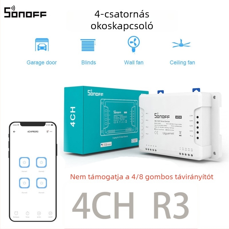 Sonoff 4CH R3 intelligens Wi‑Fi kapcsoló alkalmazással, távoli vezérléssel и ütemezéssel