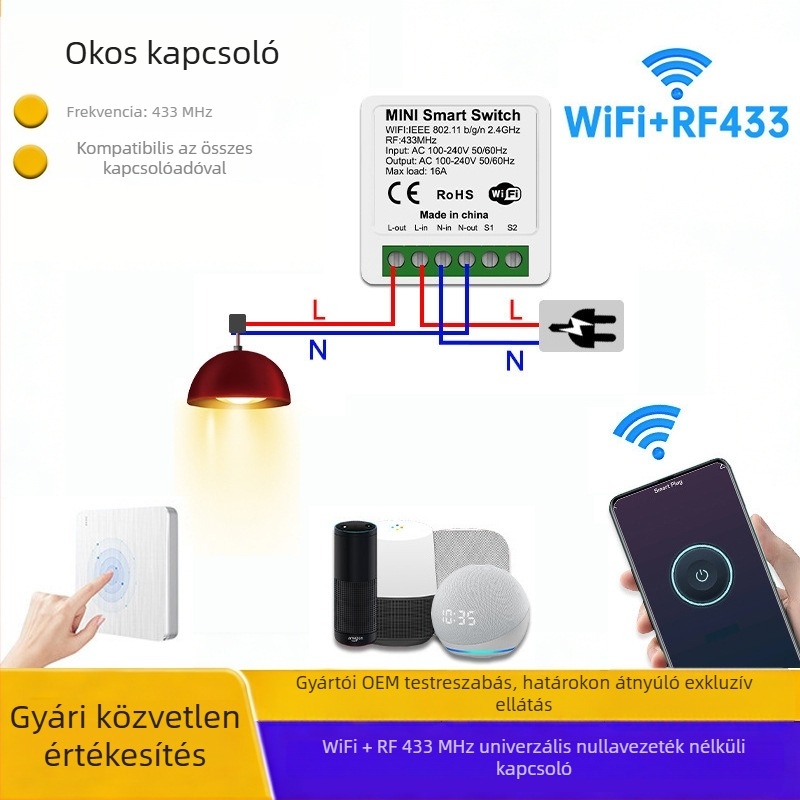 Okos otthon Wi‑Fi + FR433 univerzális kapcsoló, többfunkciós vezérlés okostelefonról