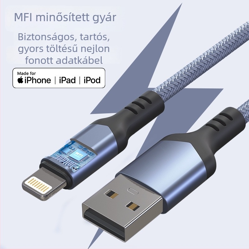 iPhone 13-hoz készült MFI-által igazolt kötött Lightning töltőkábel, gyors töltés