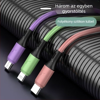 PVC-kiterjesztett három-az-egy töltőkábel Lightning, Micro USB és USB-C csatlakozókkal, hossz 0,5–1 m, 3A gyors töltés, folyékony szilikonból készült kábel