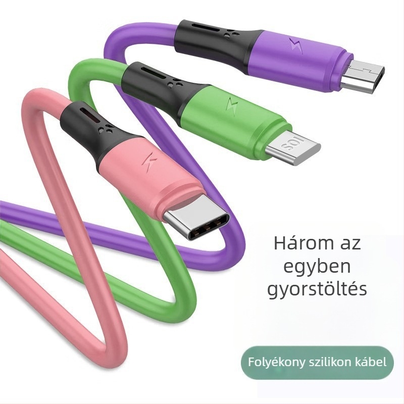PVC-kiterjesztett három-az-egy töltőkábel Lightning, Micro USB és USB-C csatlakozókkal, hossz 0,5–1 m, 3A gyors töltés, folyékony szilikonból készült kábel