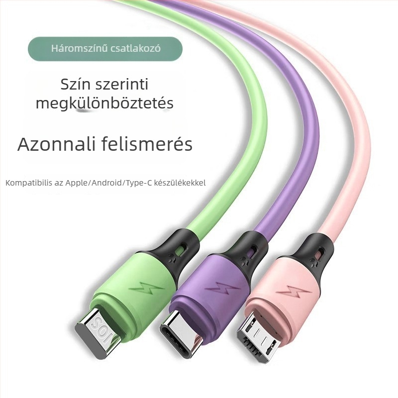 PVC-kiterjesztett három-az-egy töltőkábel Lightning, Micro USB és USB-C csatlakozókkal, hossz 0,5–1 m, 3A gyors töltés, folyékony szilikonból készült kábel
