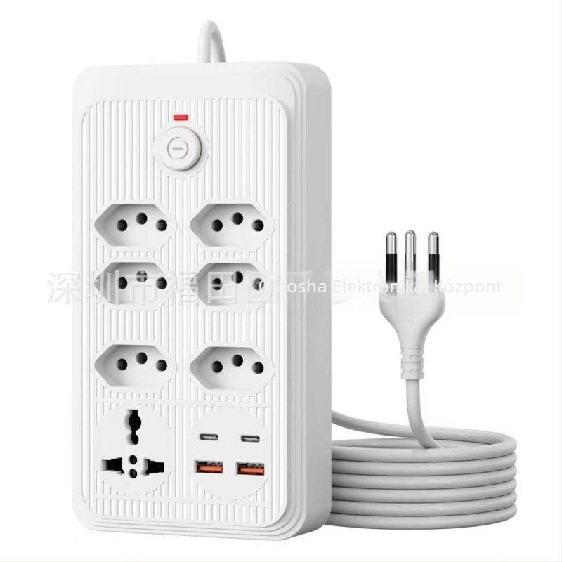 Braziliai típusú elosztó több aljzattal és USB-portokkal, hosszú kábel, Brazíliai szabvány szerinti dugaszoló aljzat otthoni és irodai használatra