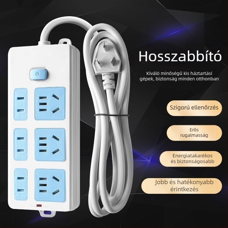 Kék‑fehér 21 aljzatos hosszabbító, 1.8 m, 3‑vezetős földeléssel, tiszta réz vezetőkkel