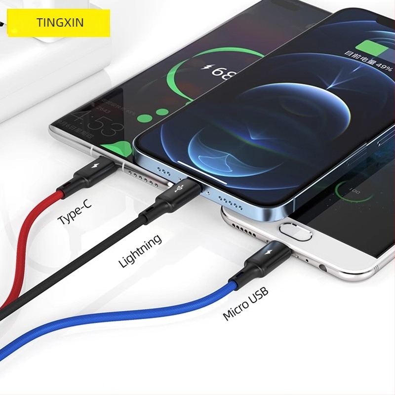 Három az egyben adatkábel gyors töltéssel, Mini USB, Micro USB és USB-C csatlakozókkal; hossz 1–2 m; alumíniumötvözet; fekete.
