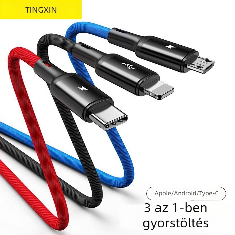 Három az egyben adatkábel gyors töltéssel, Mini USB, Micro USB és USB-C csatlakozókkal; hossz 1–2 m; alumíniumötvözet; fekete.