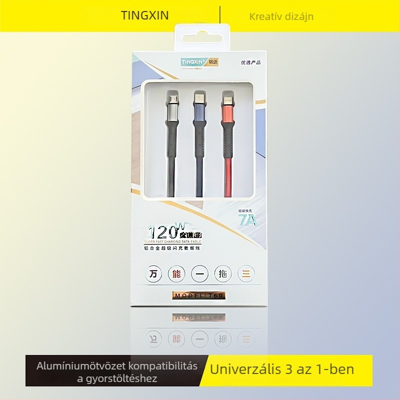 Három az egyben adatkábel gyors töltéssel, Mini USB, Micro USB és USB-C csatlakozókkal; hossz 1–2 m; alumíniumötvözet; fekete.