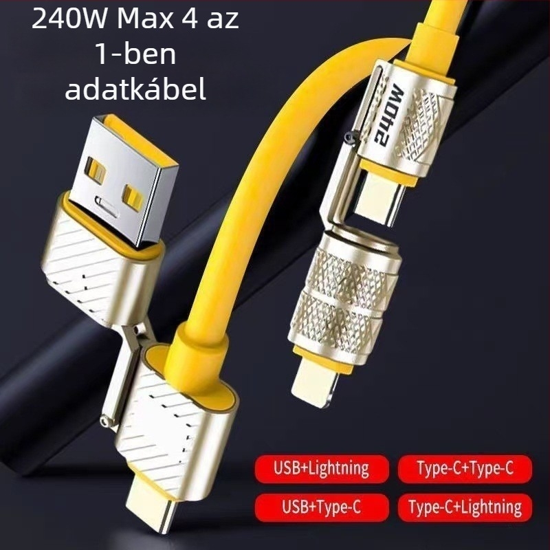 240W négy az egyben gyors töltés adatkábel Huawei, Android és Apple telefonok és tabletek számára, Lightning és USB-C csatlakozók