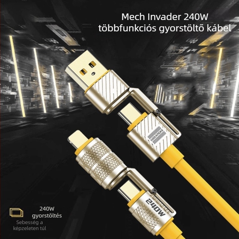 240W négy az egyben gyors töltés adatkábel Huawei, Android és Apple telefonok és tabletek számára, Lightning és USB-C csatlakozók
