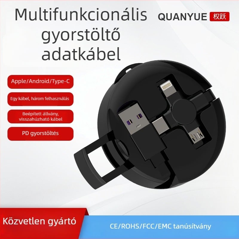 Quan Yue 0,5–1 m 3‑in‑1 töltőkábel Lightning, Micro USB és USB‑C csatlakozókkal, teleszkópos kialakítás hordozható tartóval, PD gyorstöltés