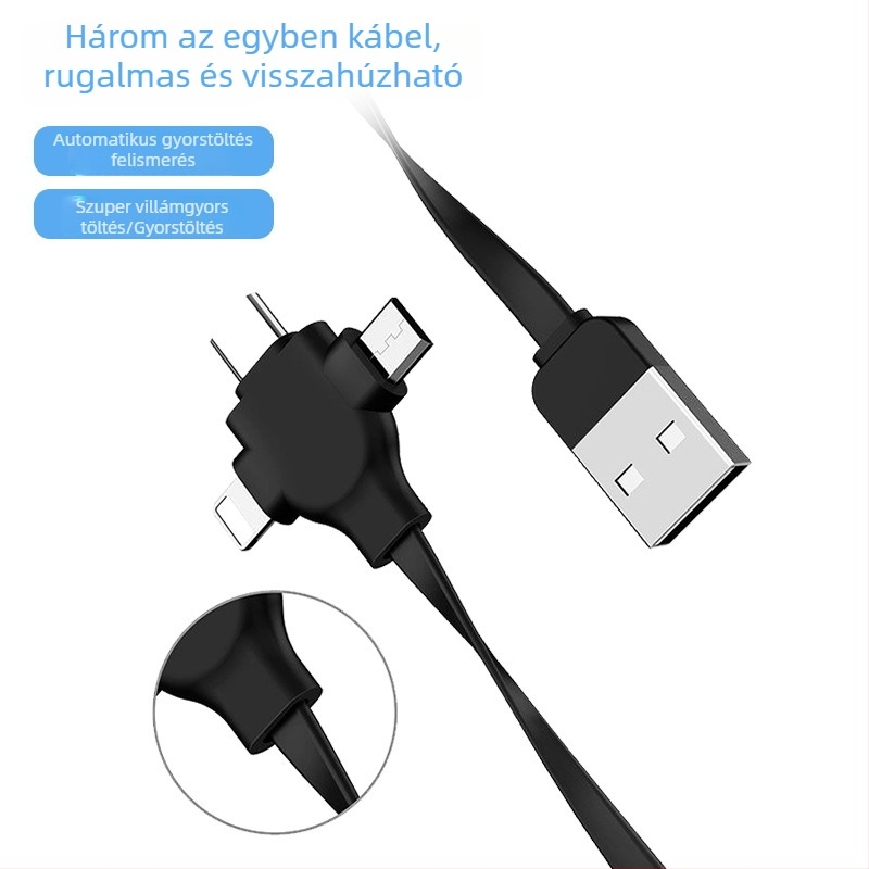 Quan Yue 0,5–1 m 3‑in‑1 töltőkábel Lightning, Micro USB és USB‑C csatlakozókkal, teleszkópos kialakítás hordozható tartóval, PD gyorstöltés