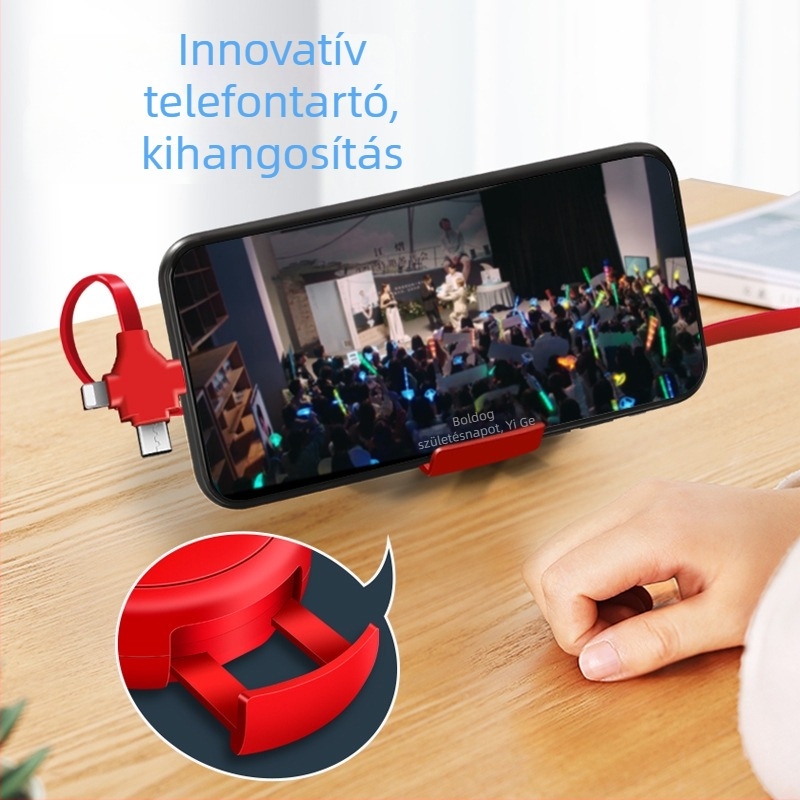 Quan Yue 0,5–1 m 3‑in‑1 töltőkábel Lightning, Micro USB és USB‑C csatlakozókkal, teleszkópos kialakítás hordozható tartóval, PD gyorstöltés