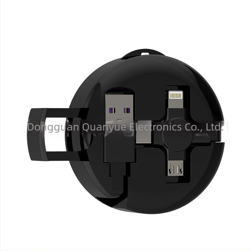 Quan Yue 0,5–1 m 3‑in‑1 töltőkábel Lightning, Micro USB és USB‑C csatlakozókkal, teleszkópos kialakítás hordozható tartóval, PD gyorstöltés