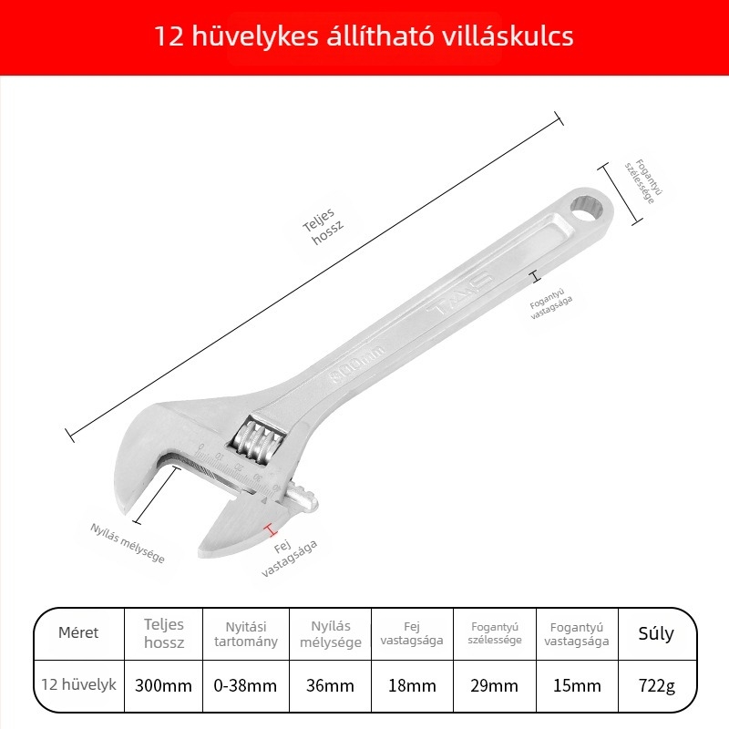 12 hüvelykes állítható csavarkulcs, ipari minőségű, sokoldalú kézi szerszám