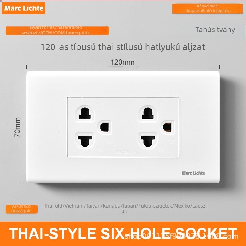 120-as típusú thai hárompólusú kapcsoló- és aljzat, téglalap alakú, 15A, 6 lyuk