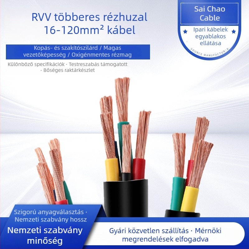 VVR-kábel rézmaggal, lángálló, konfigurációk 3+1, 3+2 vagy 4+1 maggal, keresztmetszet 10–35 mm², PVC-szigetelés és PVC héj, GB/T5023-2008 tanúsítvány