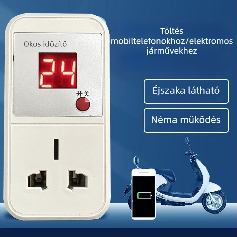 Okos időzítő kapcsoló aljzattal, visszaszámlálóval, túláram védelem elektromos járművek és mobiltelefonok számára, 220V vezérlő