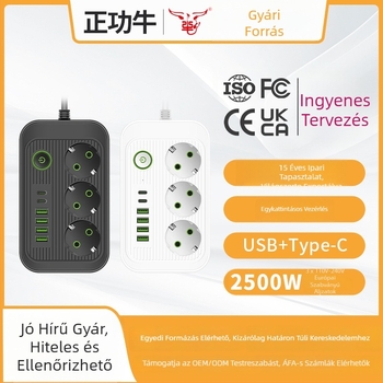 Európai szabványú tápelosztó USB-portokkal, kábellel, 10A, 100–250V, ABS lángálló ház, réz vezetők, CE/FCC/ROHS
