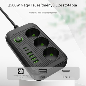 Európai szabványú tápelosztó USB-portokkal, kábellel, 10A, 100–250V, ABS lángálló ház, réz vezetők, CE/FCC/ROHS