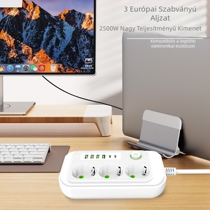 Európai szabványú tápelosztó USB-portokkal, kábellel, 10A, 100–250V, ABS lángálló ház, réz vezetők, CE/FCC/ROHS