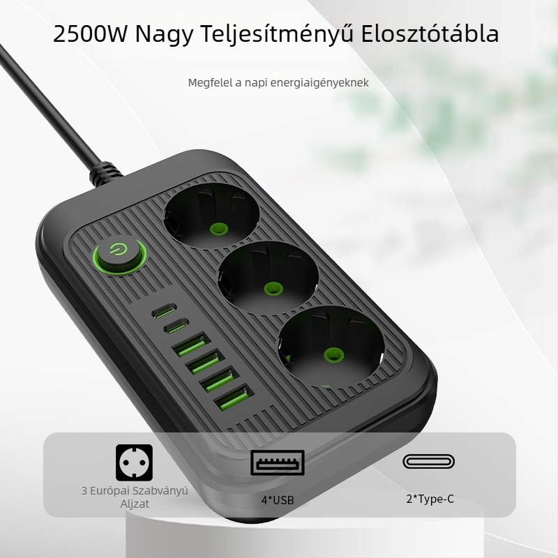 Európai szabványú tápelosztó USB-portokkal, kábellel, 10A, 100–250V, ABS lángálló ház, réz vezetők, CE/FCC/ROHS