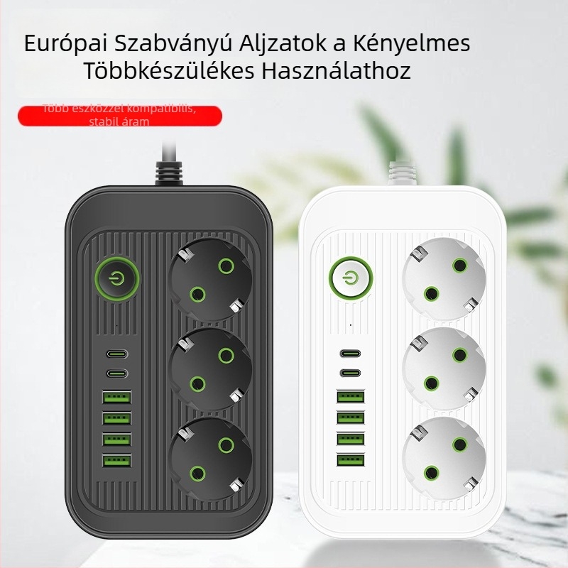 Európai szabványú tápelosztó USB-portokkal, kábellel, 10A, 100–250V, ABS lángálló ház, réz vezetők, CE/FCC/ROHS