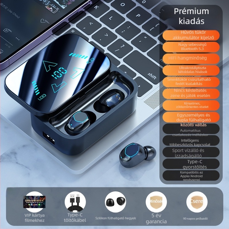 M48 Bluetooth fülhallgató in-ear, digitális kijelzővel, rendkívül hosszú üzemidő, nagy kapacitás, zene és játékok, TWS