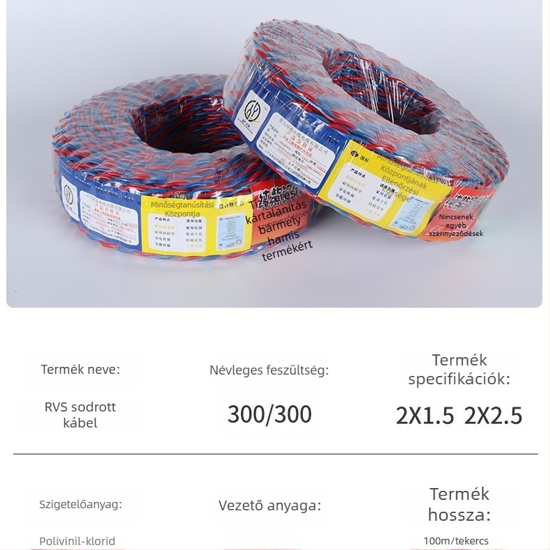 Otthoni lángálló vezeték rézmaggal, kettős magos sodrott vezeték, 1,5 mm² és 2,5 mm², ZR-RVS