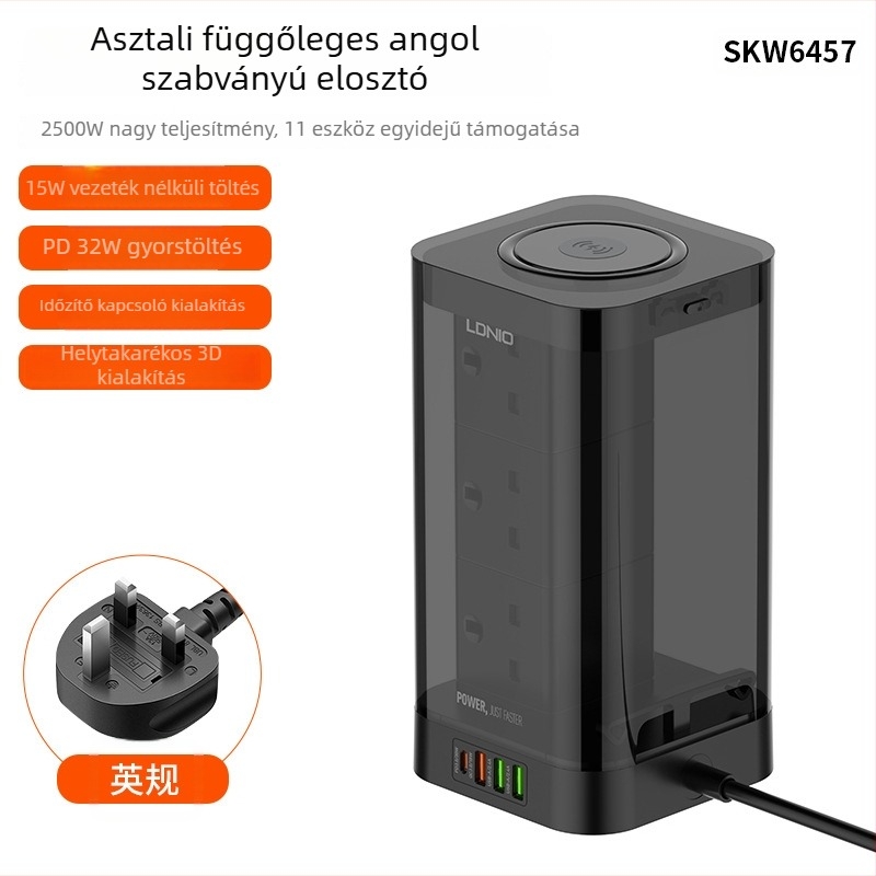 Függőleges torony hosszabbító brit szabványú aljzattal, vezeték nélküli töltés, PD gyors töltés, 4 USB-port
