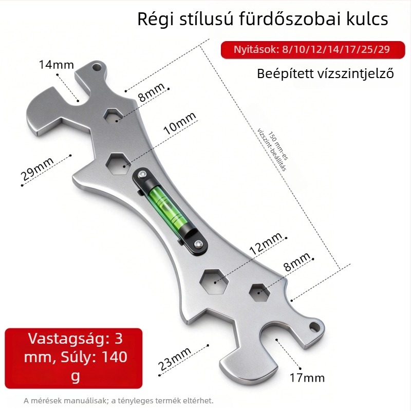 Rozsdamentes acél fürdőszobai kulcs, multifunkcionális vastagított szintmérővel zuhanytelepítéshez