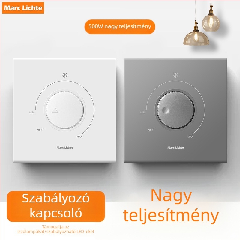 Szürke 86×86 mm-es lépcsőzetes dimmer panel izzólámpa és LED világításhoz, mechanikus kapcsoló, 60×60 mm-es szerelési furatokkal, 100 000 ciklus élettartam