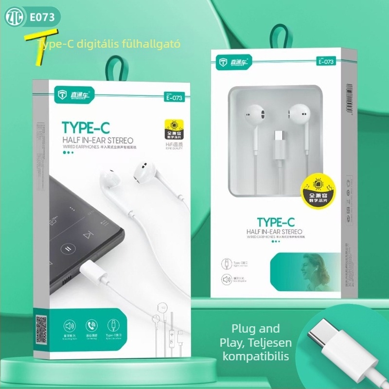 USB-C fülhallgató digitális chippel, mély basszus, vezetékes vezérlés, in-ear