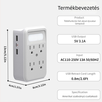 6-os kimenetű falelosztó LED-érzékelő tartóval, 9-in-1 bővítés, amerikai szabványú faldugó