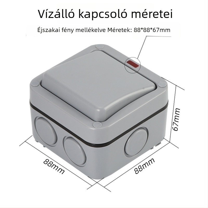 Kültéri vízálló IP66 kapcsolódoboz, 86×86 mm, falra szerelhető felület, egykapcsolós, kettős vezérléssel