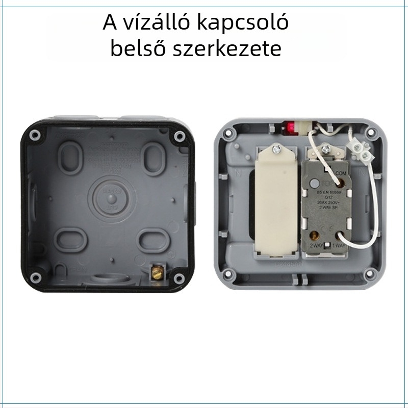 Kültéri vízálló IP66 kapcsolódoboz, 86×86 mm, falra szerelhető felület, egykapcsolós, kettős vezérléssel