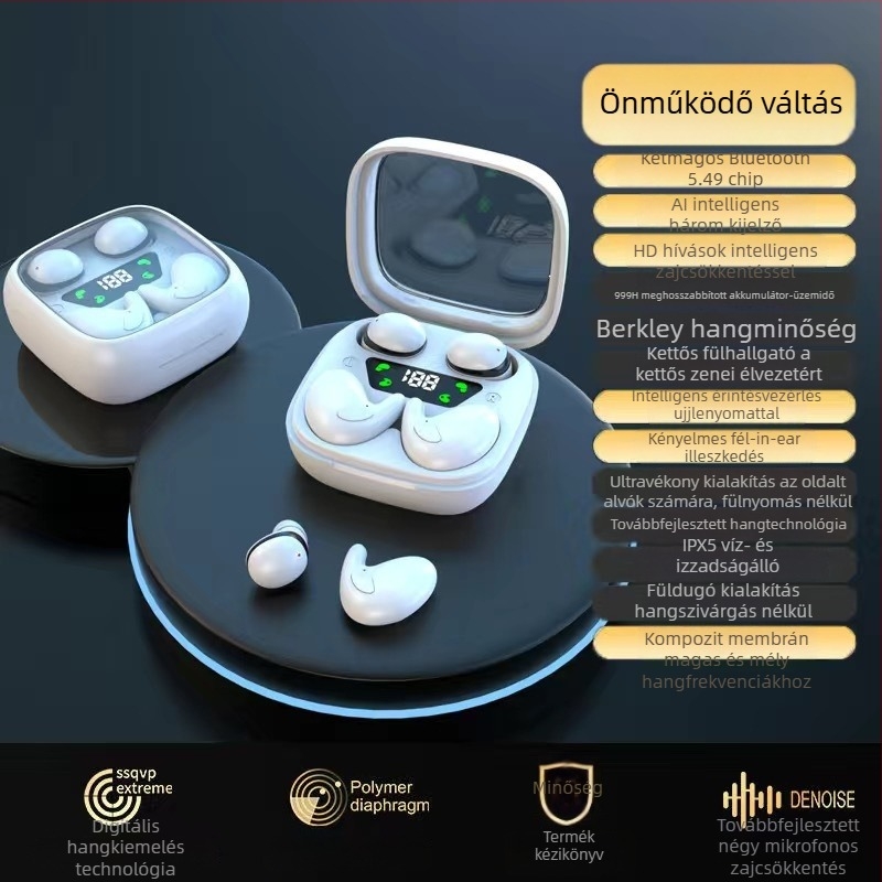 Magánmárkás kétfunkciós vezeték nélküli Bluetooth fülhallgató, ultra-kompakt, hosszú üzemidő, alvó mód, uniszex