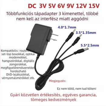 Többfeszültségű tápegység és töltőkábel routerekhez, set-top boxokhoz, monitorokhoz, hangrendszerekhez és DVD-lejátszókhoz