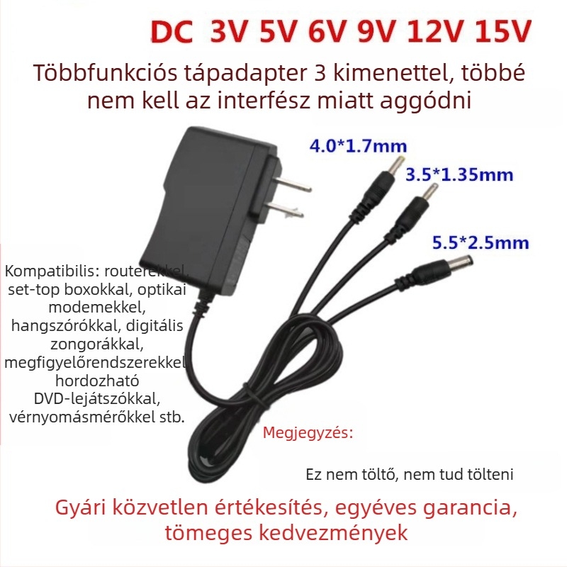 Többfeszültségű tápegység és töltőkábel routerekhez, set-top boxokhoz, monitorokhoz, hangrendszerekhez és DVD-lejátszókhoz