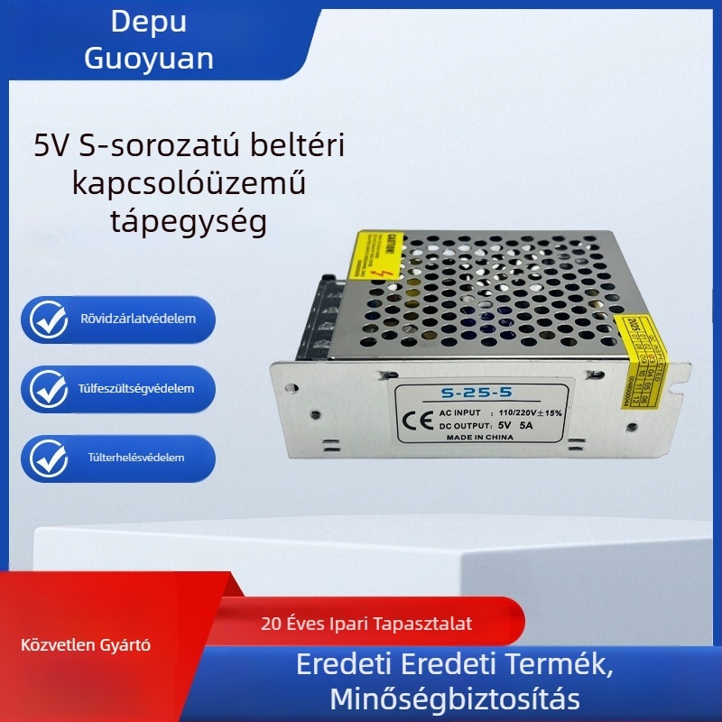 S-25-5 sorozat beltéri kapcsolóüzemű tápegység, 5V, ipari berendezésekhez és kijelzőkhöz