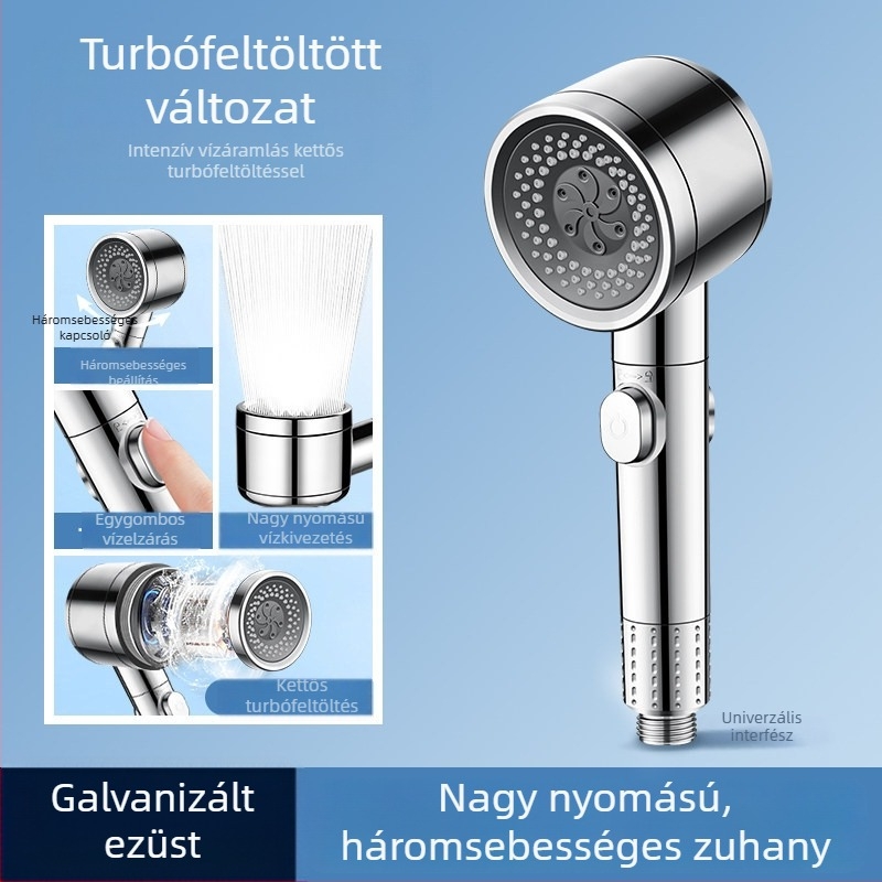 Fürdőszobai zuhanyfej, többfunkciós, nagy nyomású, kézi, kör alakú, falra szerelhető, forgatható állvánnyal