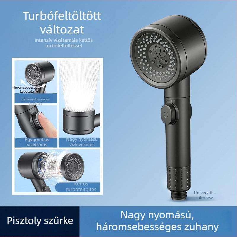 Fürdőszobai zuhanyfej, többfunkciós, nagy nyomású, kézi, kör alakú, falra szerelhető, forgatható állvánnyal