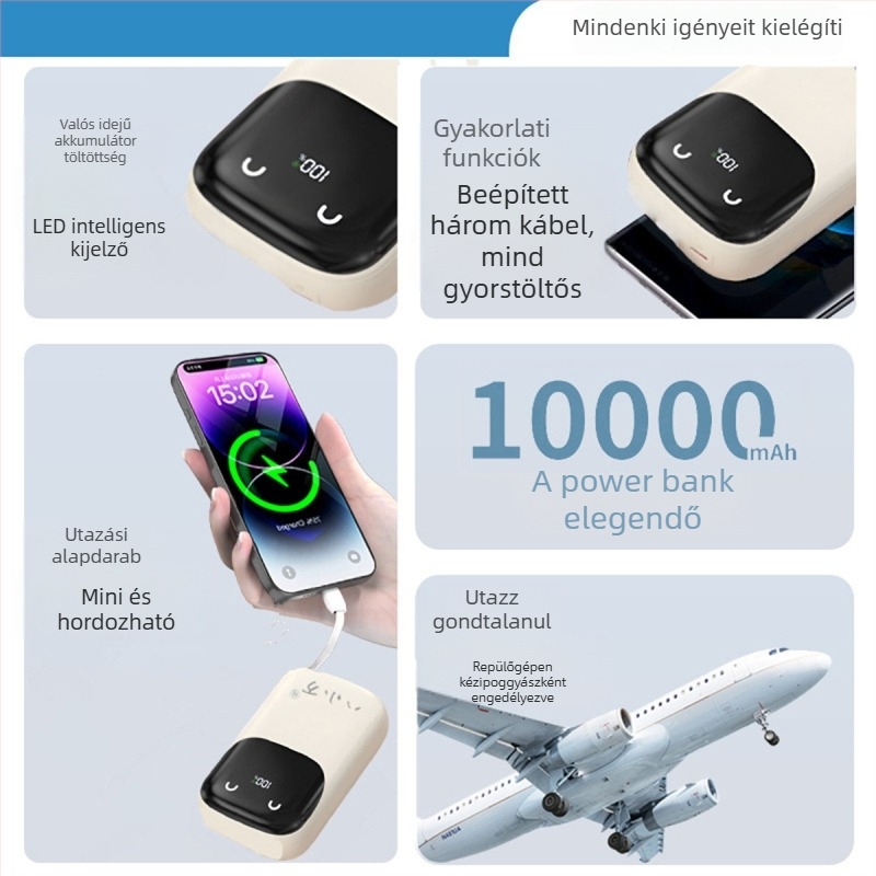 Országos 3C tanúsítványú power bank, valódi kapacitás három kábellel, 10 000/20 000 mAh, vékony és gyors töltés, vasúti és repülőgépes használatra